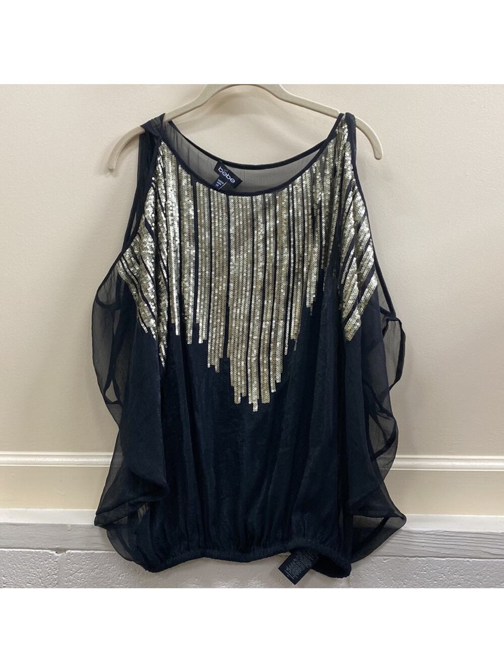 Bebe women’s size XS sequined cold shoulder blouse top